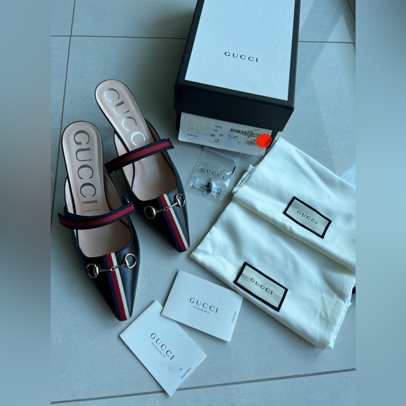 GUCCI Women's Signature Web Strap Horsebit High-Heel Leather Mules Black 39 NEW - Picture 1 of 14
